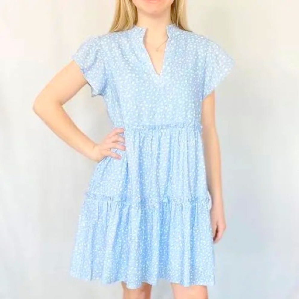 THML flutter Sleeve tiered blue print dress with pockets